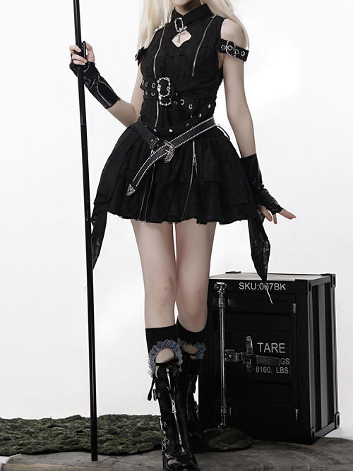 Jing Mu Black Vintage Punk Lolita Aline Standcollar Women's Belt Jsk / Jumper Skirts