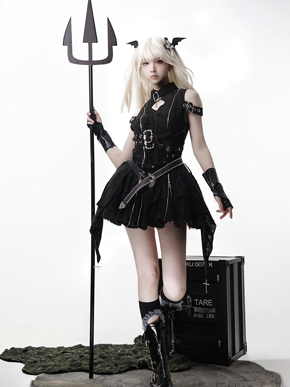 Jing Mu Black Vintage Punk Lolita Aline Standcollar Women's Belt Jsk / Jumper Skirts