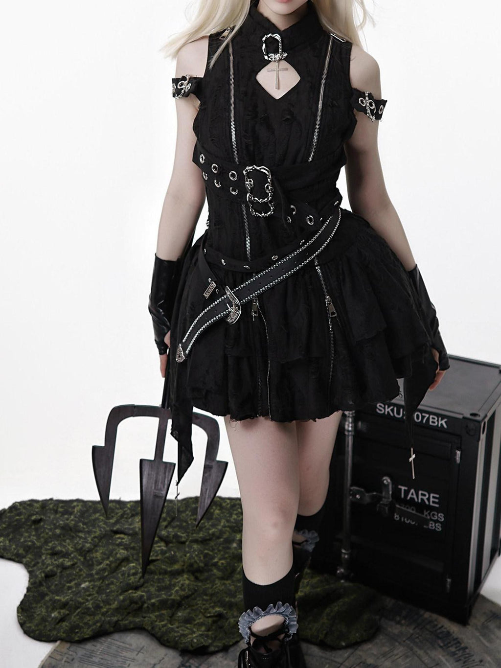 Jing Mu Black Vintage Punk Lolita Aline Standcollar Women's Belt Jsk / Jumper Skirts