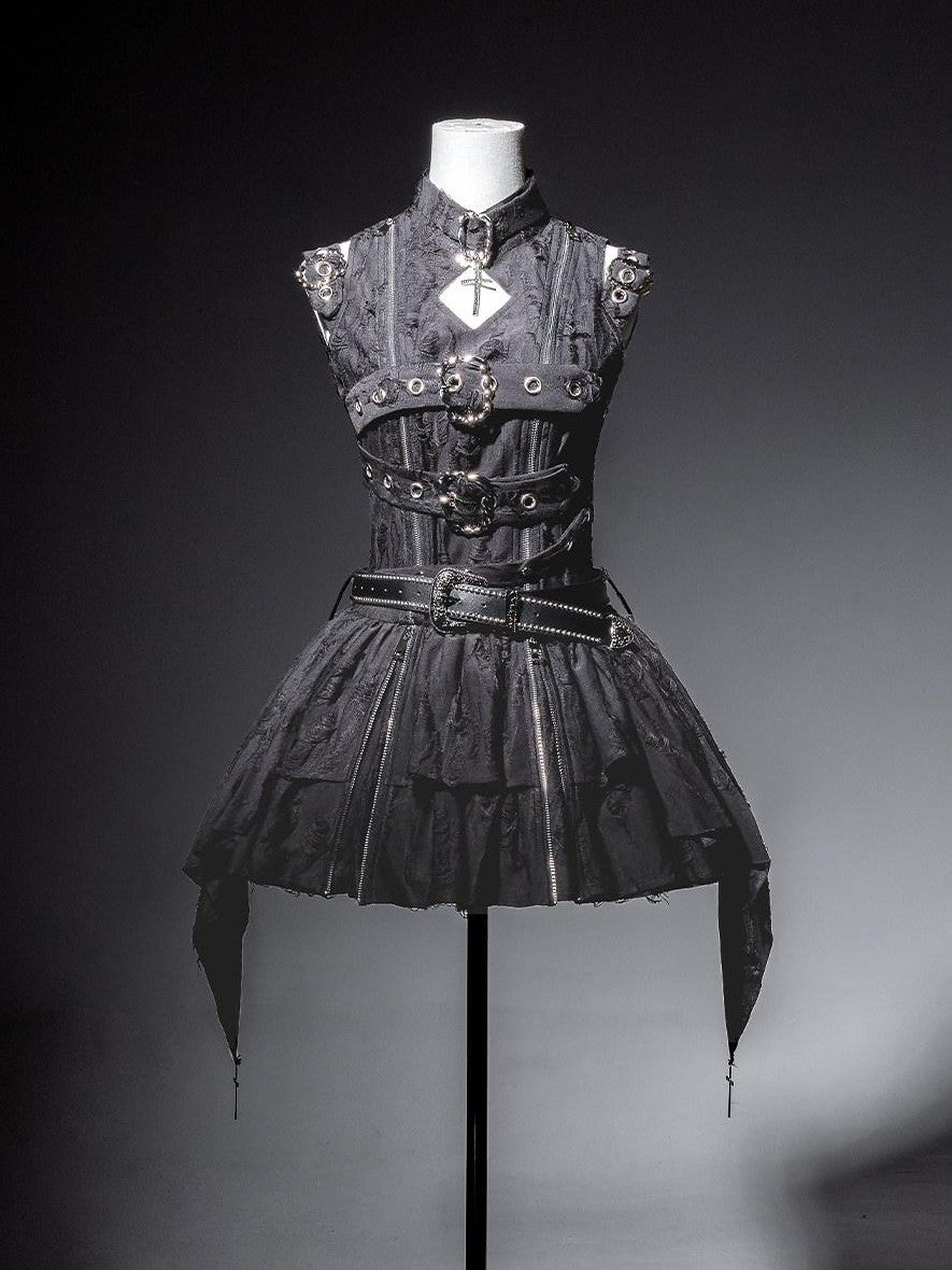 Jing Mu Black Vintage Punk Lolita Aline Standcollar Women's Belt Jsk / Jumper Skirts