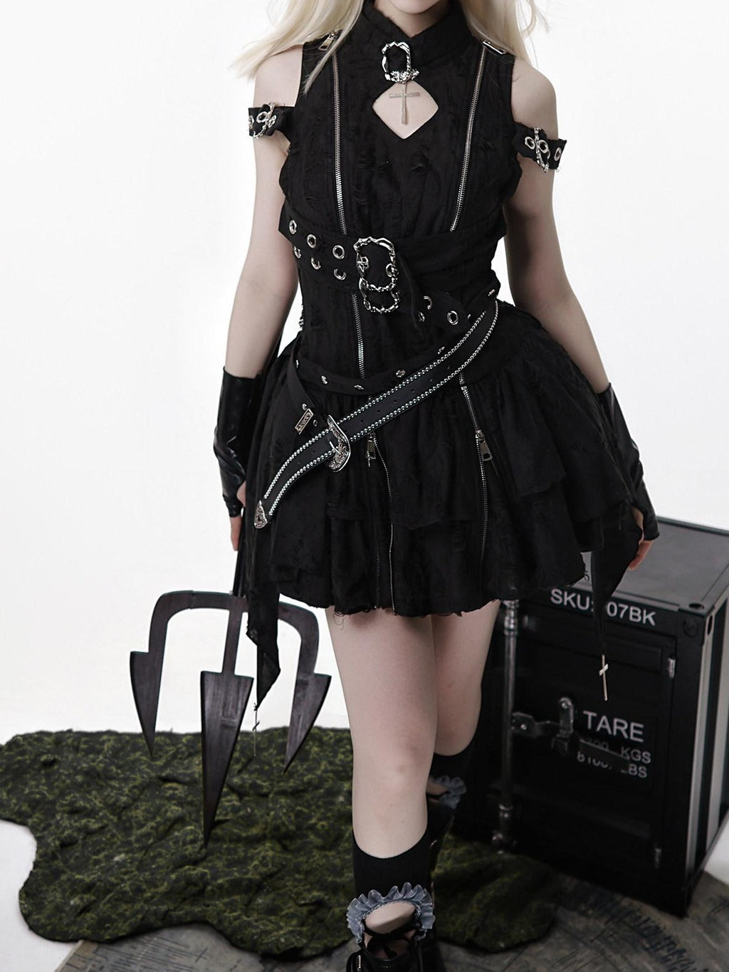 Jing Mu Black Vintage Punk Lolita Aline Standcollar Women's Belt Jsk / Jumper Skirts