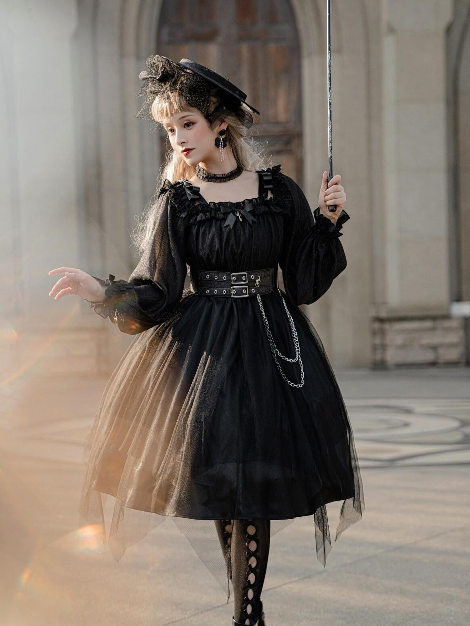 Jing Mu Black Vintage Square Neck Lolita A Line Gothic Women's Long Sleeve Op