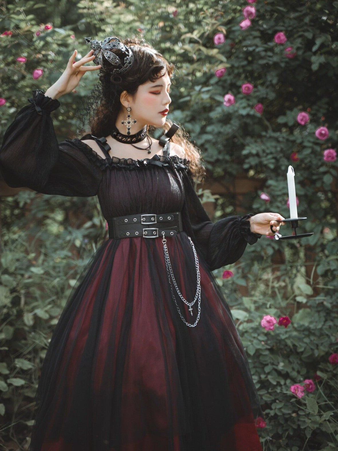 Jing Mu Black Vintage Square Neck Lolita A Line Gothic Women's Long Sleeve Op