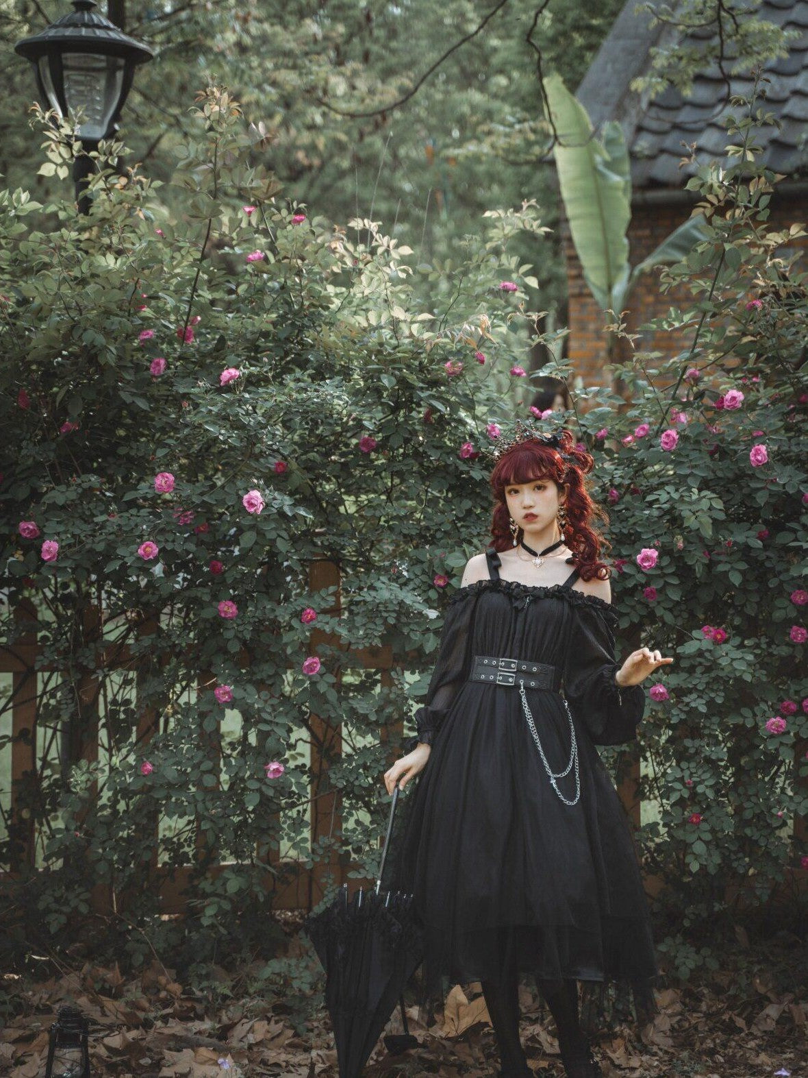 Jing Mu Black Vintage Square Neck Lolita A Line Gothic Women's Long Sleeve Op