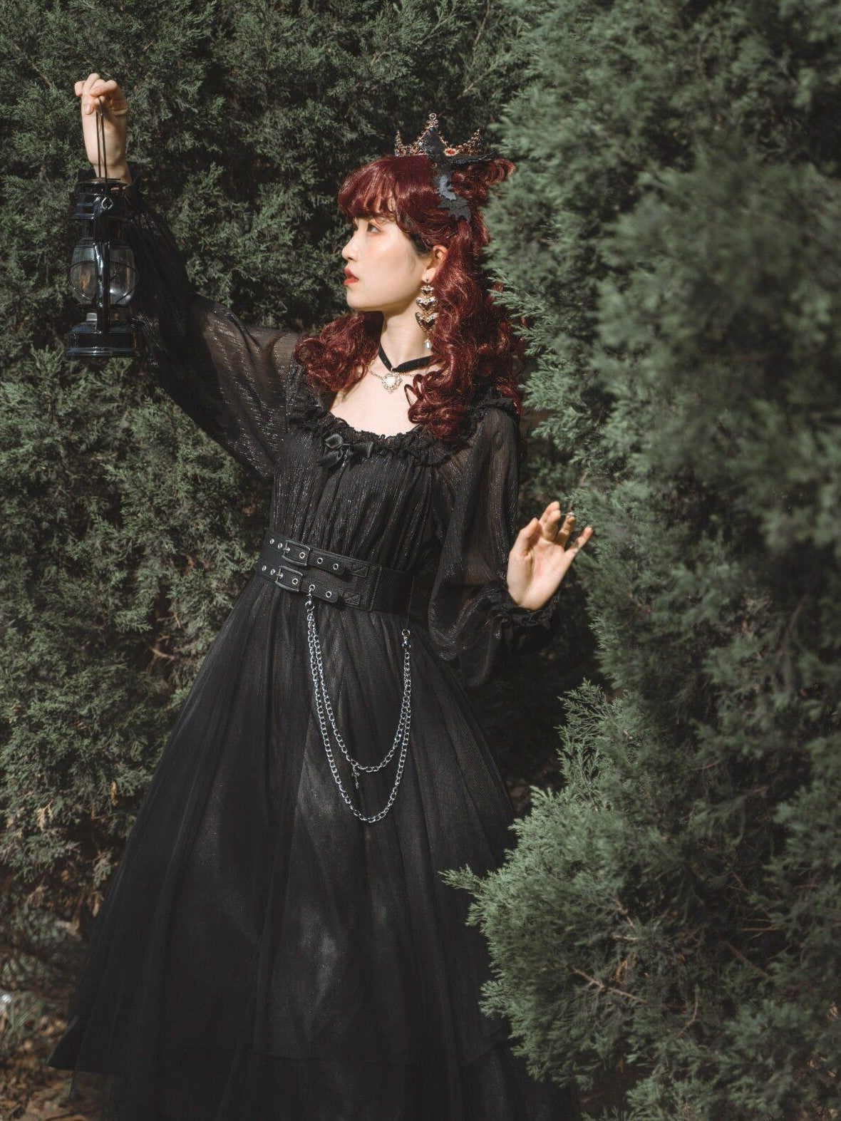 Jing Mu Black Vintage Square Neck Lolita A Line Gothic Women's Long Sleeve Op