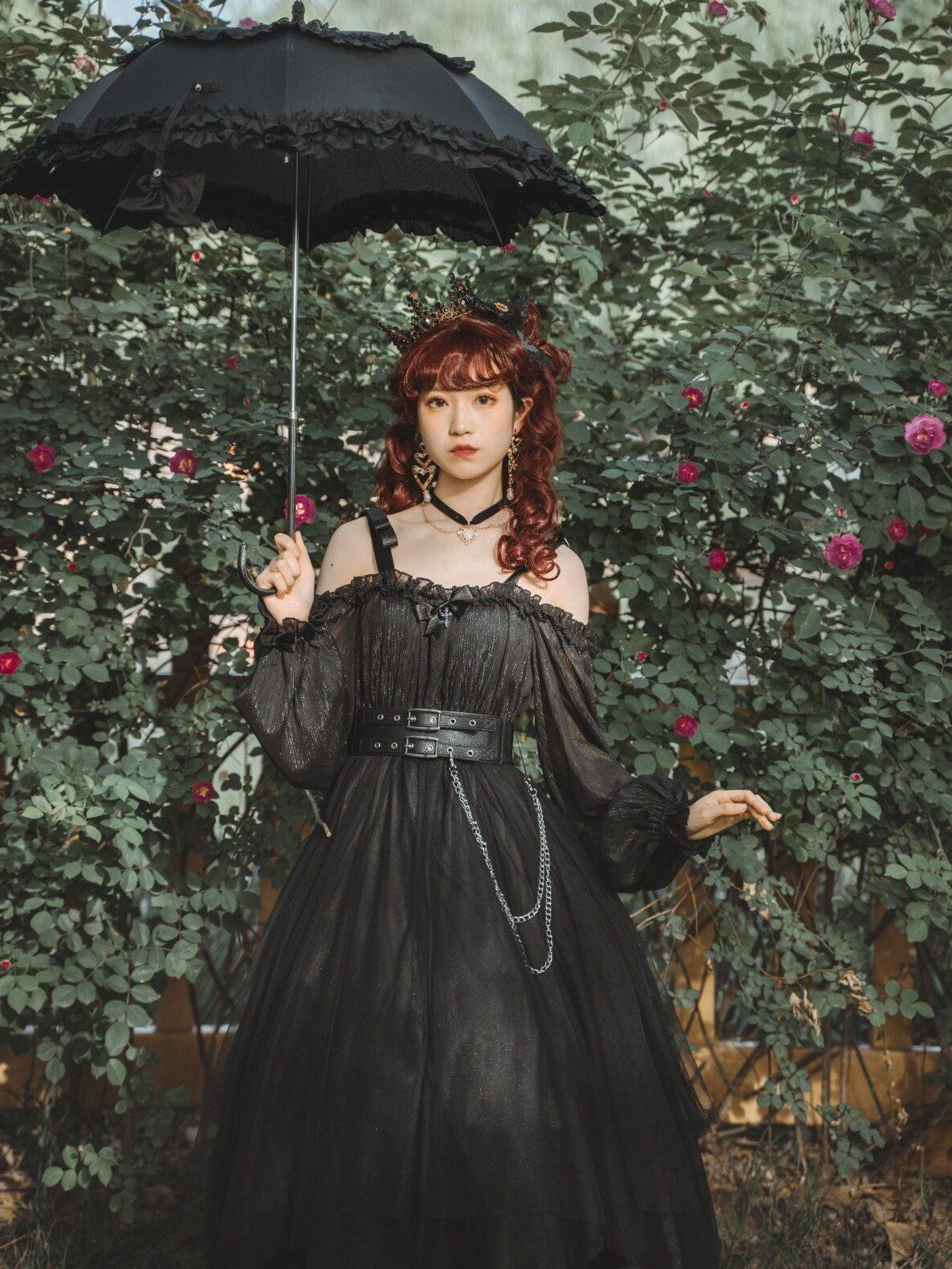 Jing Mu Black Vintage Square Neck Lolita A Line Gothic Women's Long Sleeve Op