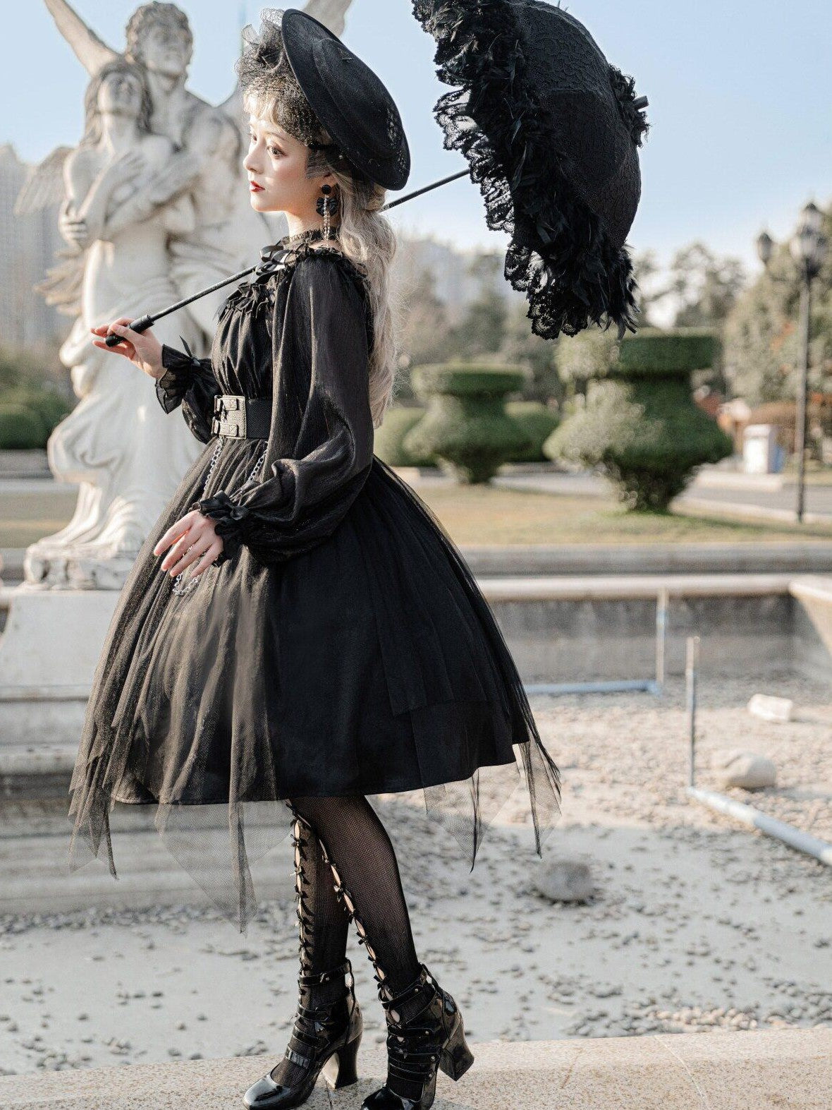 Jing Mu Black Vintage Square Neck Lolita A Line Gothic Women's Long Sleeve Op