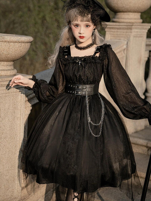 Jing Mu Black Vintage Square Neck Lolita A Line Gothic Women's Long Sleeve Op