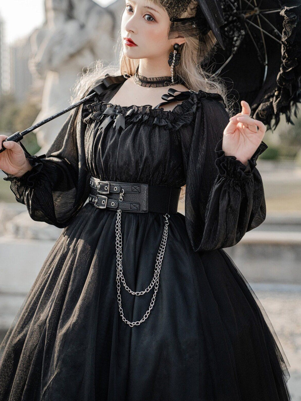 Jing Mu Black Vintage Square Neck Lolita A Line Gothic Women's Long Sleeve Op