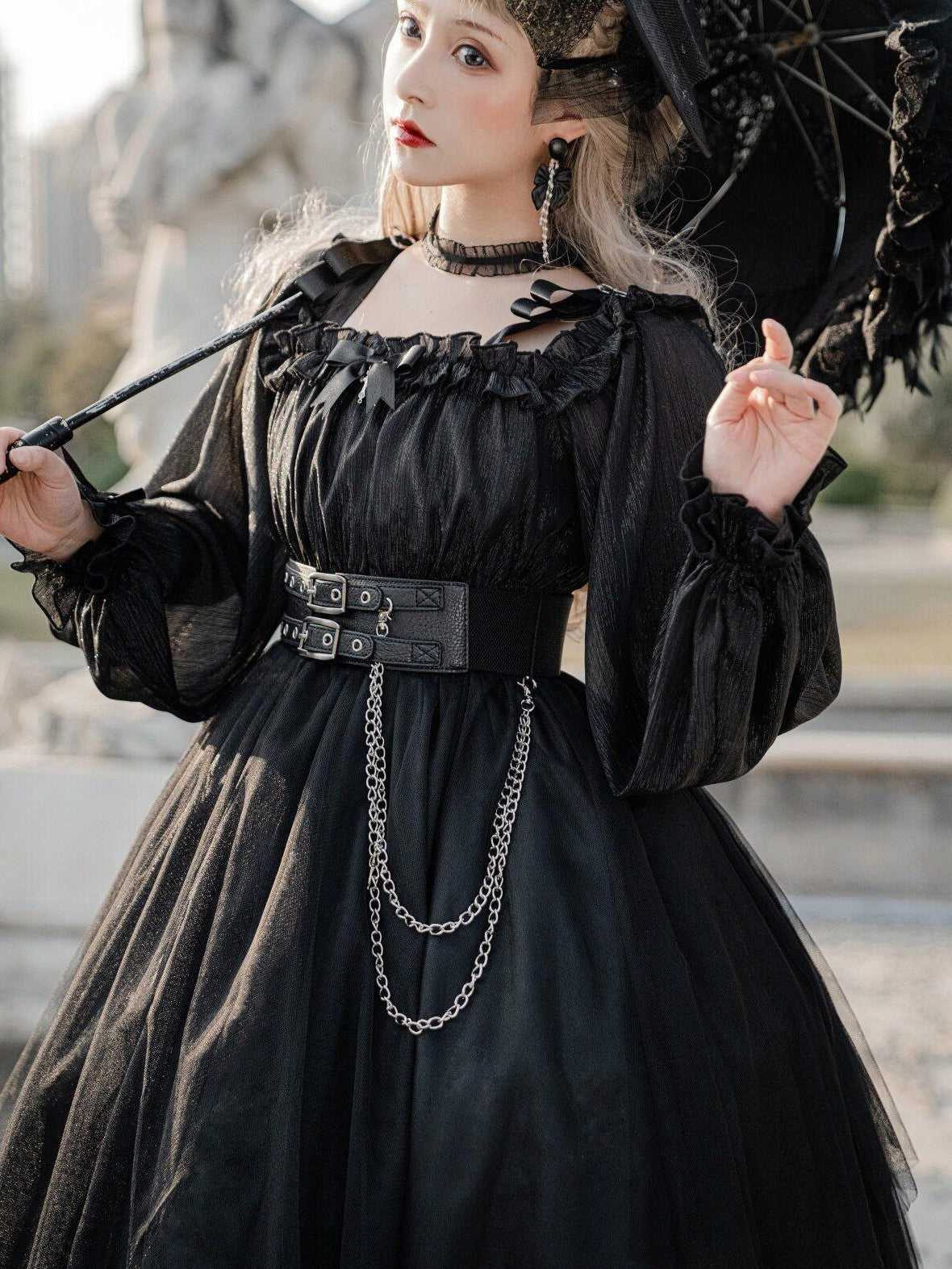 Jing Mu Black Vintage Square Neck Lolita A Line Gothic Women's Long Sleeve Op