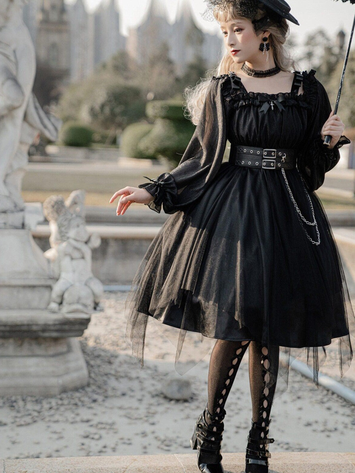 Jing Mu Black Vintage Square Neck Lolita A Line Gothic Women's Long Sleeve Op