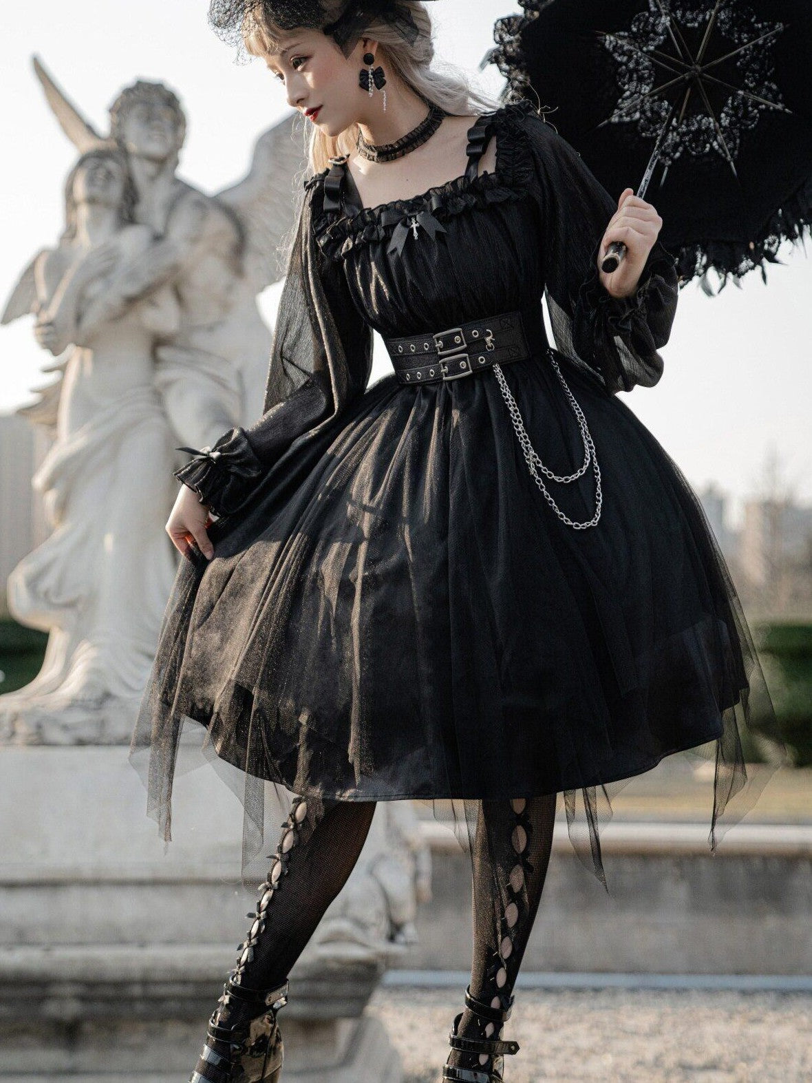 Jing Mu Black Vintage Square Neck Lolita A Line Gothic Women's Long Sleeve Op