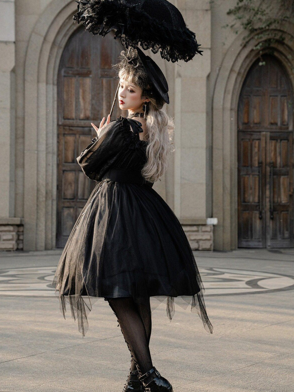 Jing Mu Black Vintage Square Neck Lolita A Line Gothic Women's Long Sleeve Op