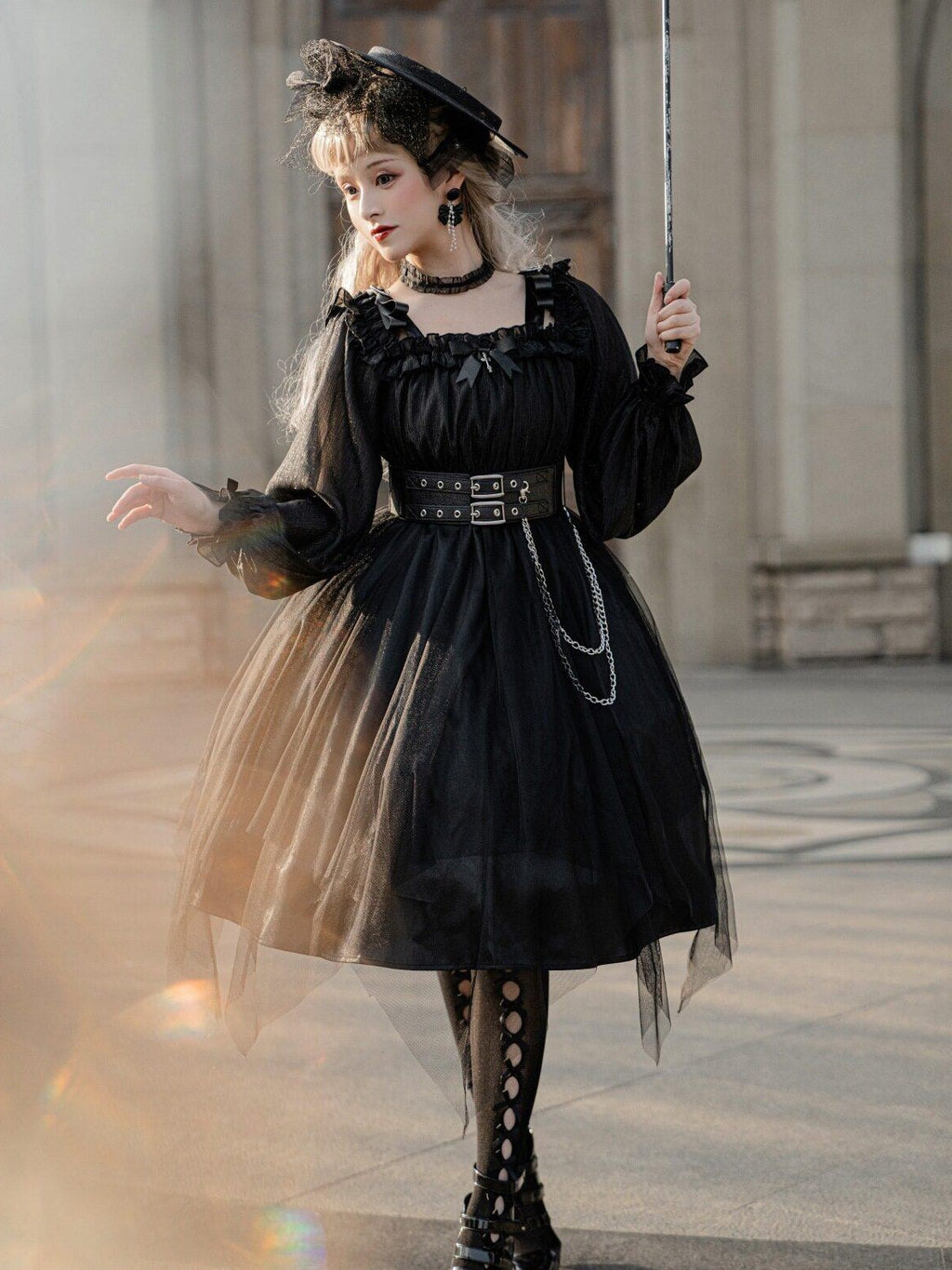 Jing Mu Black Vintage Square Neck Lolita A Line Gothic Women's Long Sleeve Op