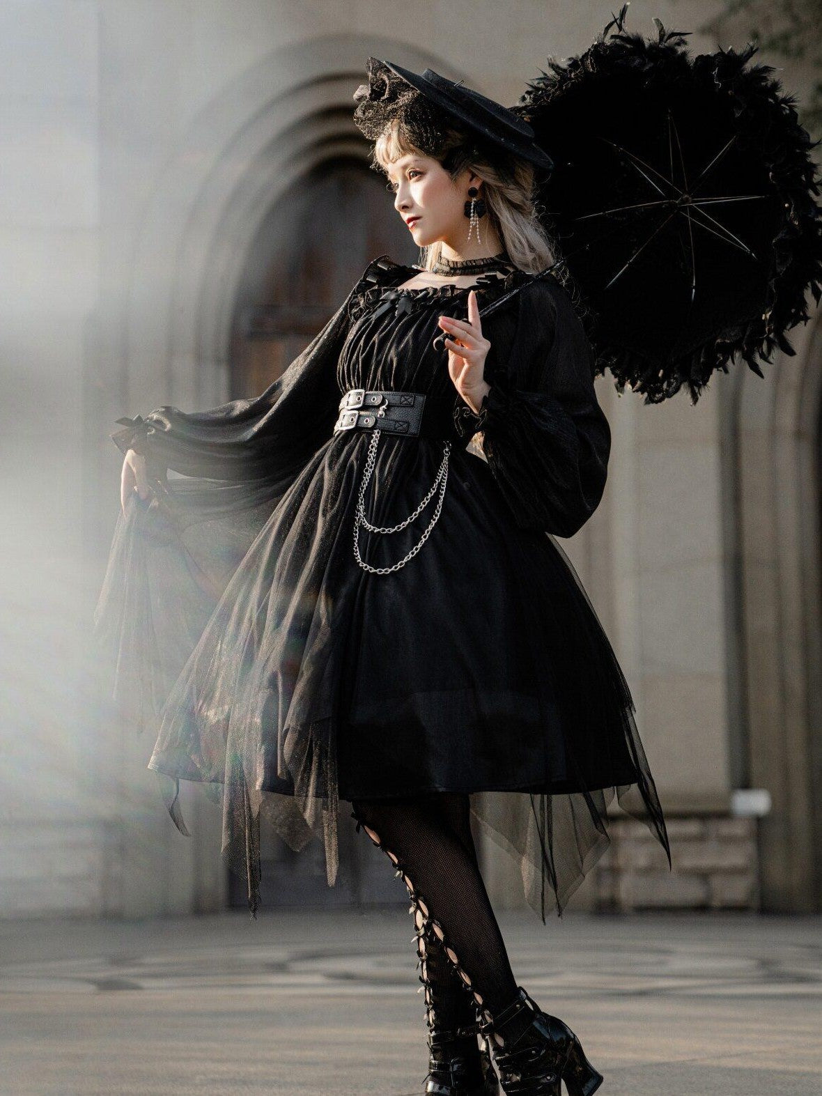 Jing Mu Black Vintage Square Neck Lolita A Line Gothic Women's Long Sleeve Op