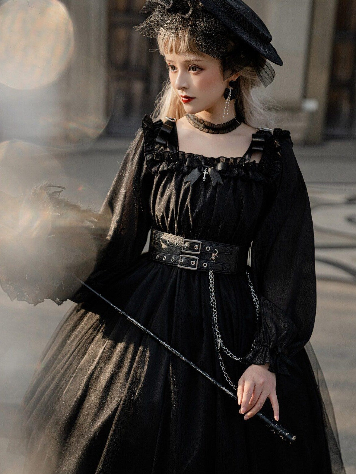 Jing Mu Black Vintage Square Neck Lolita A Line Gothic Women's Long Sleeve Op