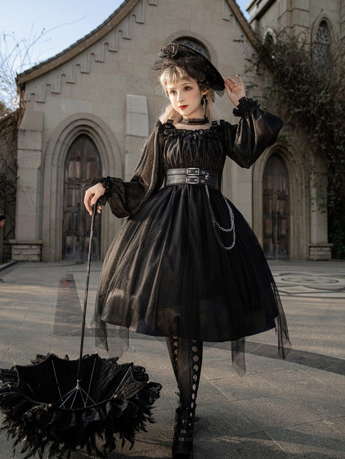 Jing Mu Black Vintage Square Neck Lolita A Line Gothic Women's Long Sleeve Op