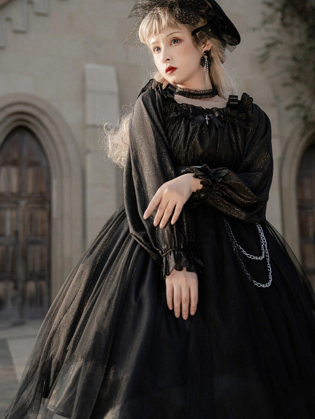 Jing Mu Black Vintage Square Neck Lolita A Line Gothic Women's Long Sleeve Op