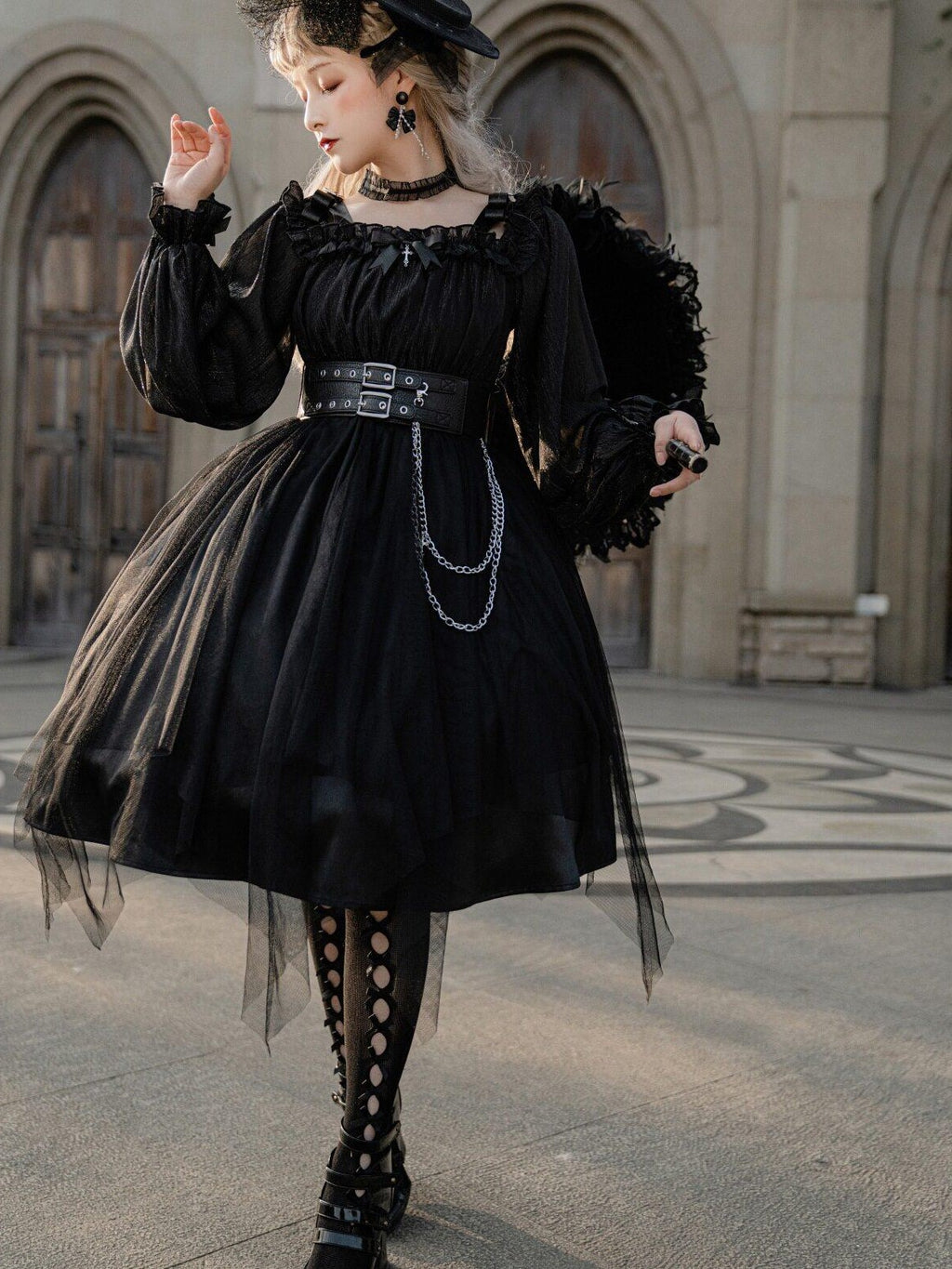 Jing Mu Black Vintage Square Neck Lolita A Line Gothic Women's Long Sleeve Op