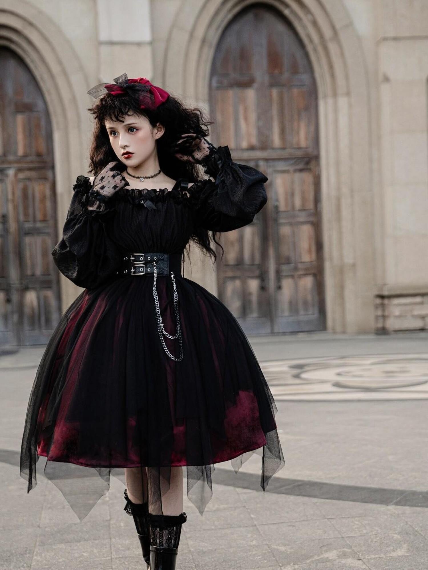 Jing Mu Black Vintage Square Neck Lolita A Line Gothic Women's Long Sleeve Op