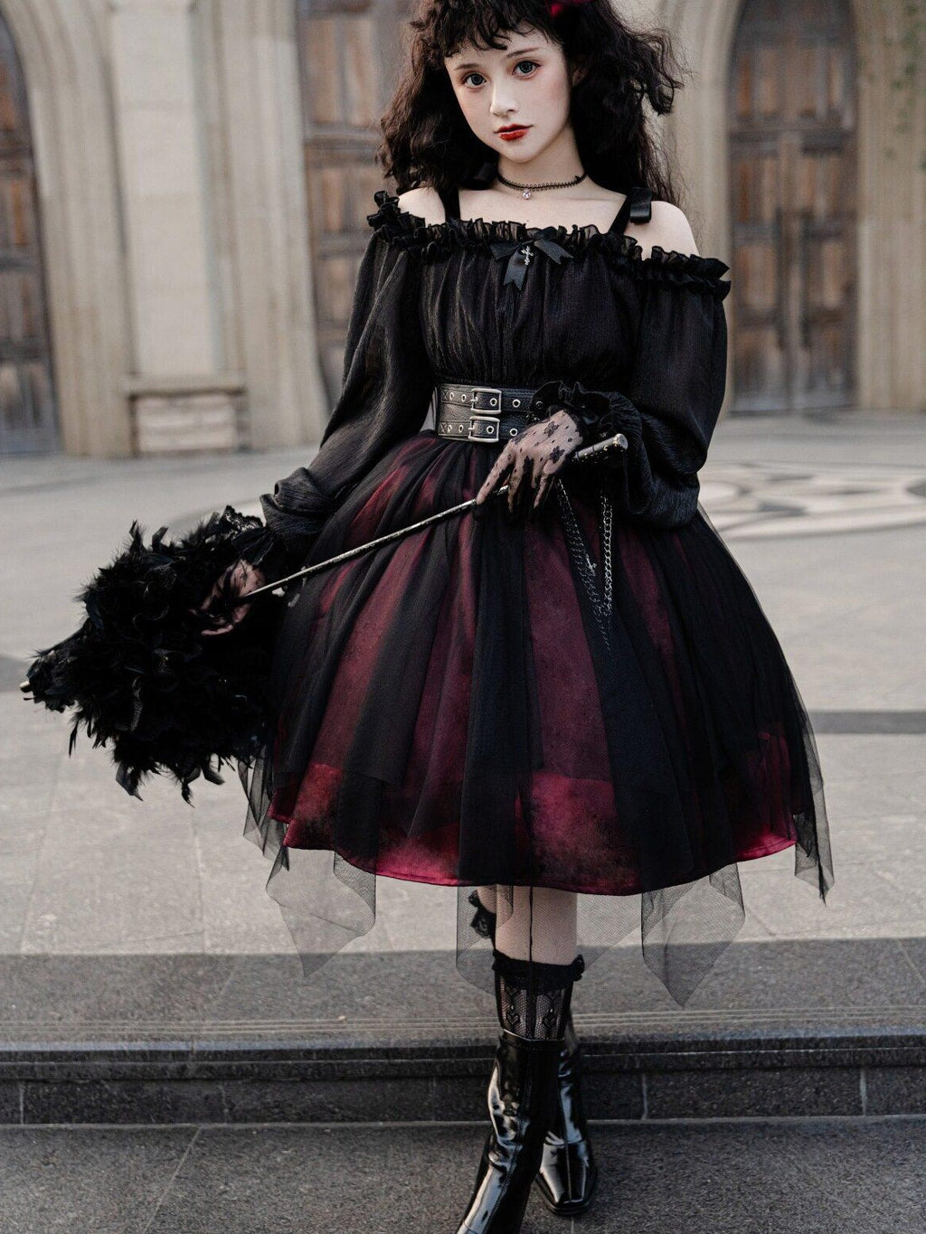 Jing Mu Black Vintage Square Neck Lolita A Line Gothic Women's Long Sleeve Op