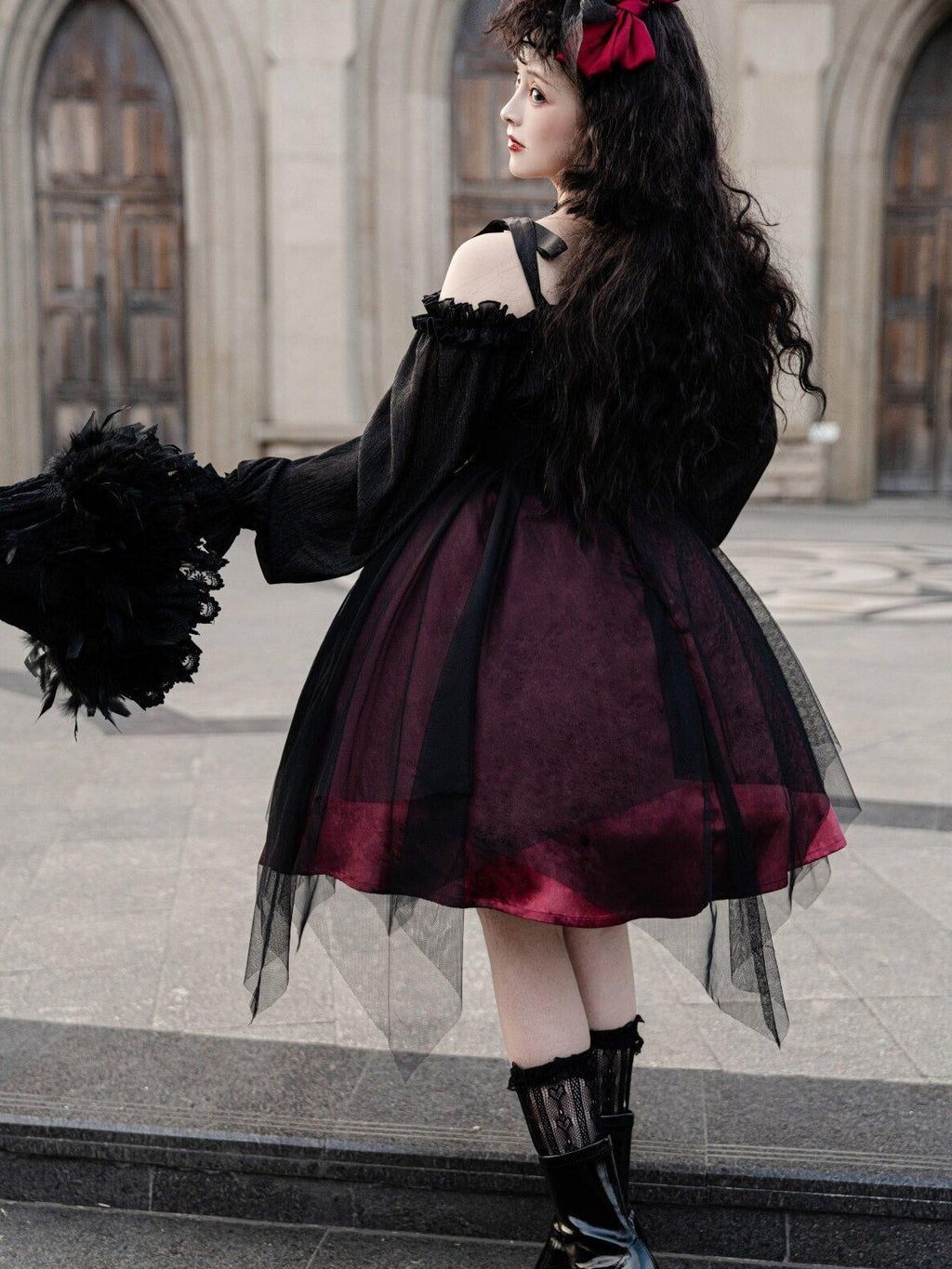 Jing Mu Black Vintage Square Neck Lolita A Line Gothic Women's Long Sleeve Op
