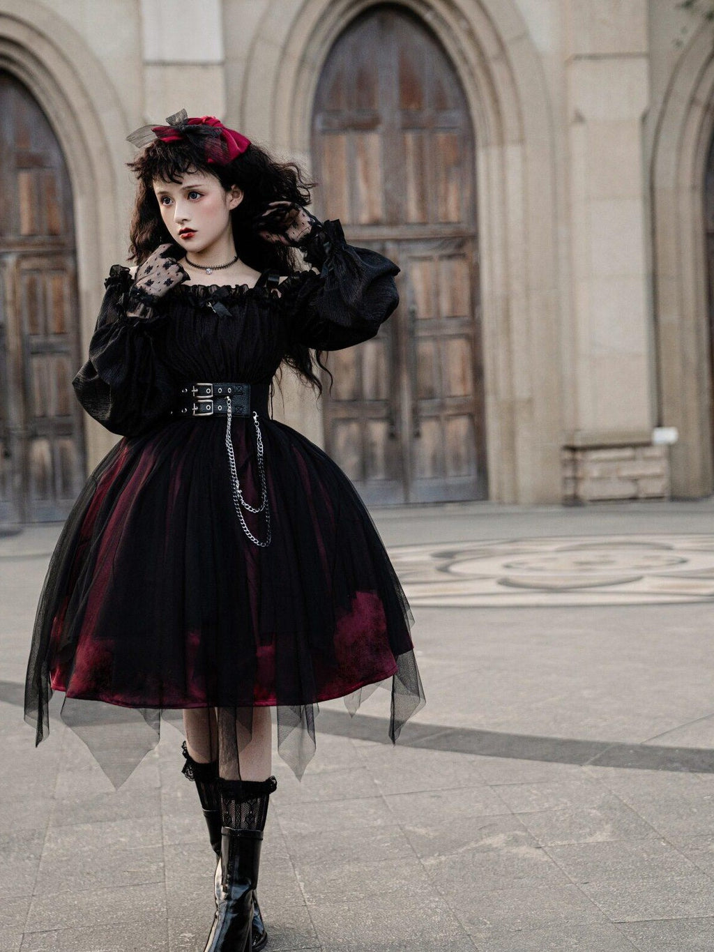 Jing Mu Black Vintage Square Neck Lolita A Line Gothic Women's Long Sleeve Op