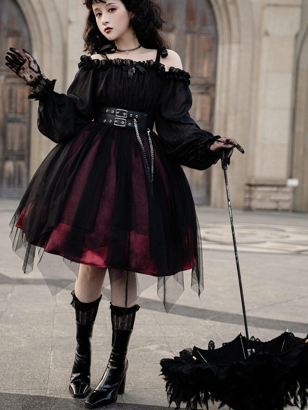 Jing Mu Black Vintage Square Neck Lolita A Line Gothic Women's Long Sleeve Op