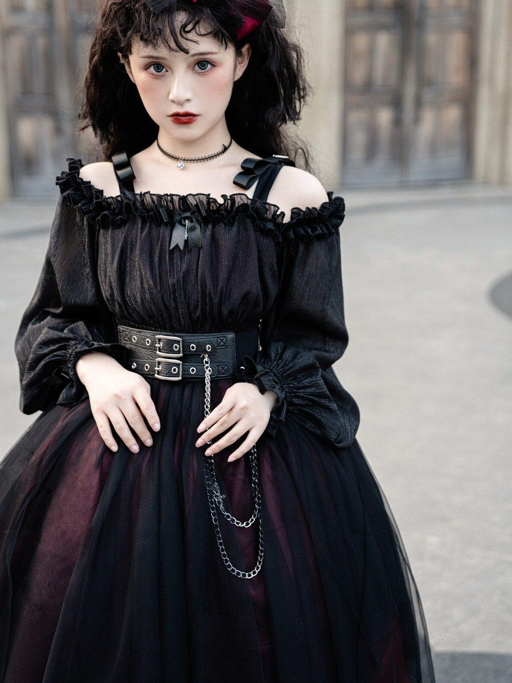 Jing Mu Black Vintage Square Neck Lolita A Line Gothic Women's Long Sleeve Op