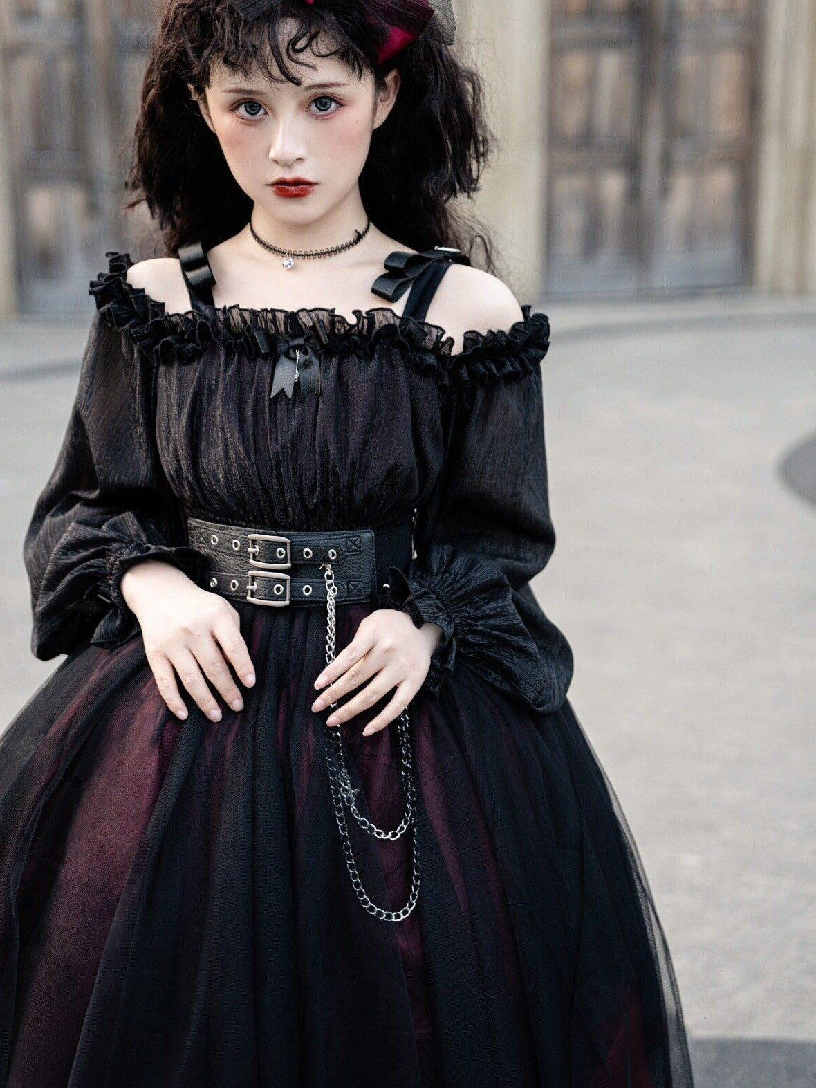 Jing Mu Black Vintage Square Neck Lolita A Line Gothic Women's Long Sleeve Op