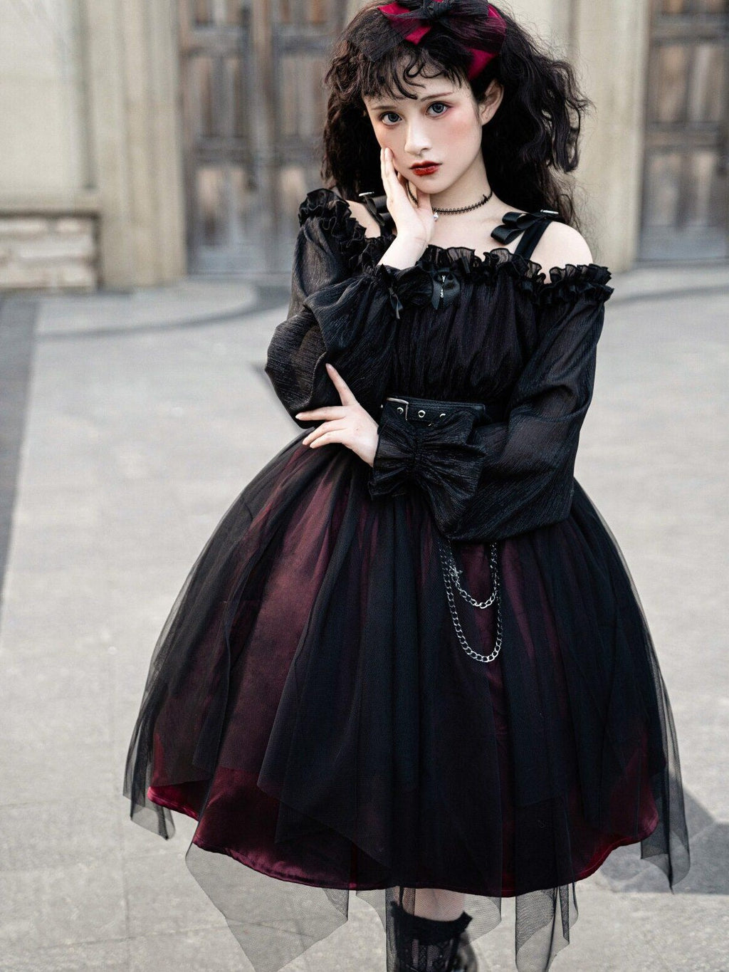 Jing Mu Black Vintage Square Neck Lolita A Line Gothic Women's Long Sleeve Op