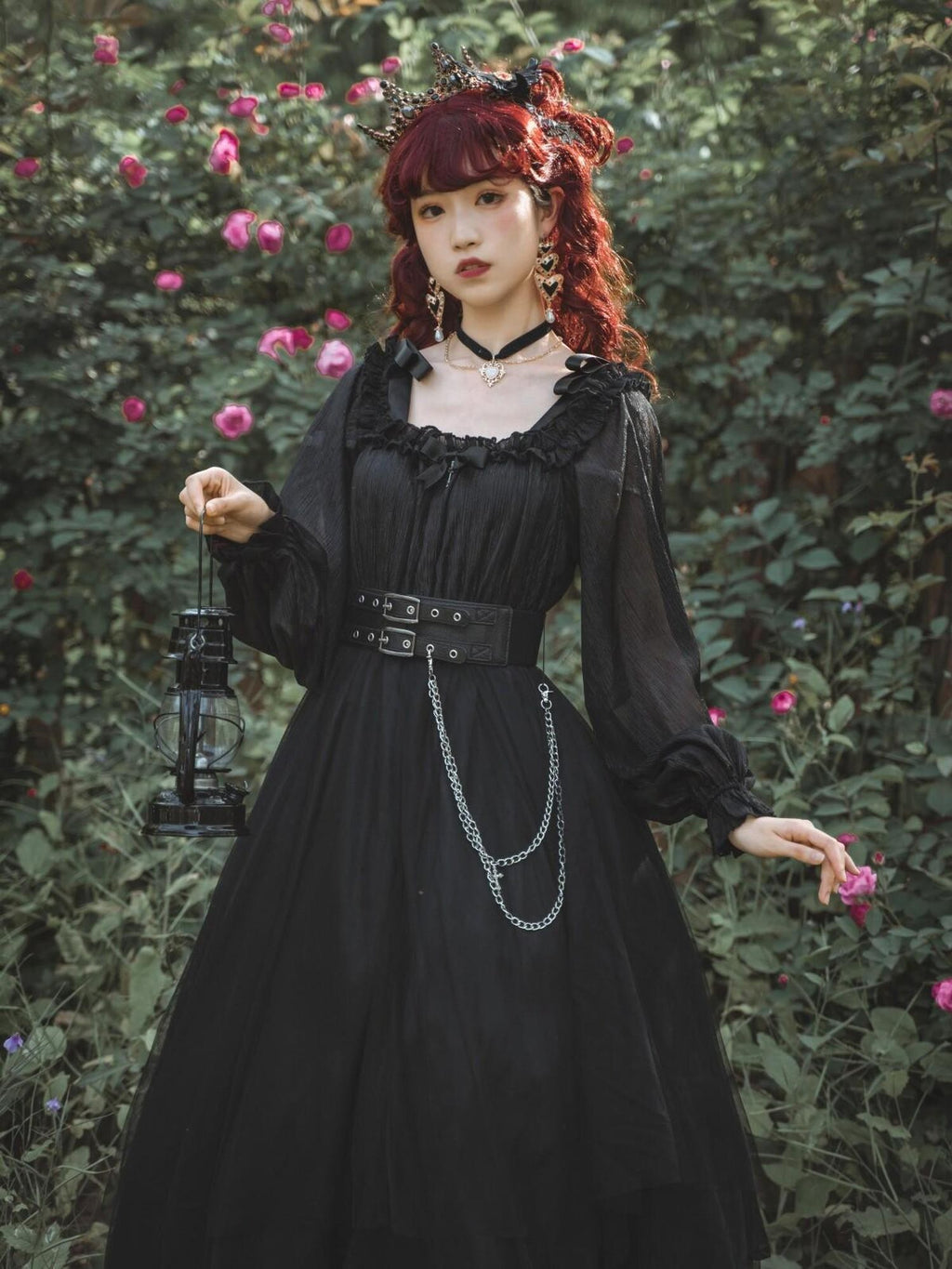 Jing Mu Black Vintage Square Neck Lolita A Line Gothic Women's Long Sleeve Op