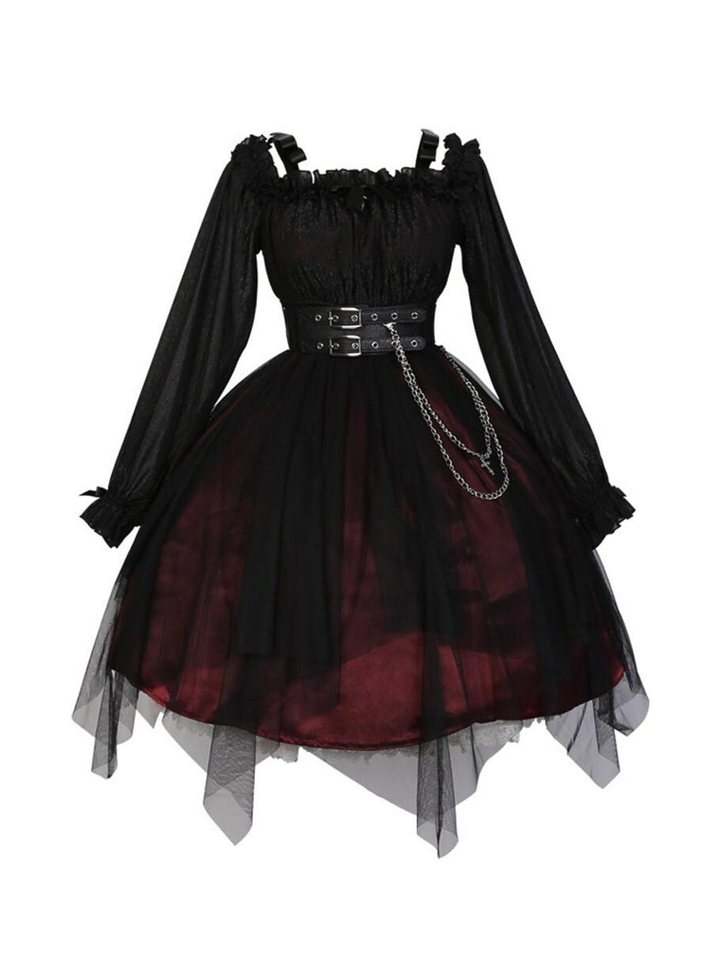 Jing Mu Black Vintage Square Neck Lolita A Line Gothic Women's Long Sleeve Op