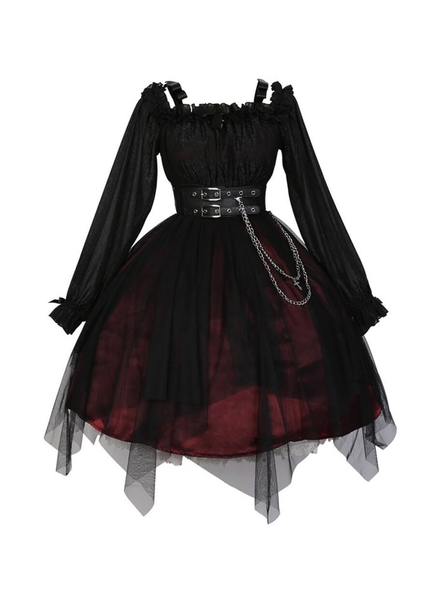 Jing Mu Black Vintage Square Neck Lolita A Line Gothic Women's Long Sleeve Op