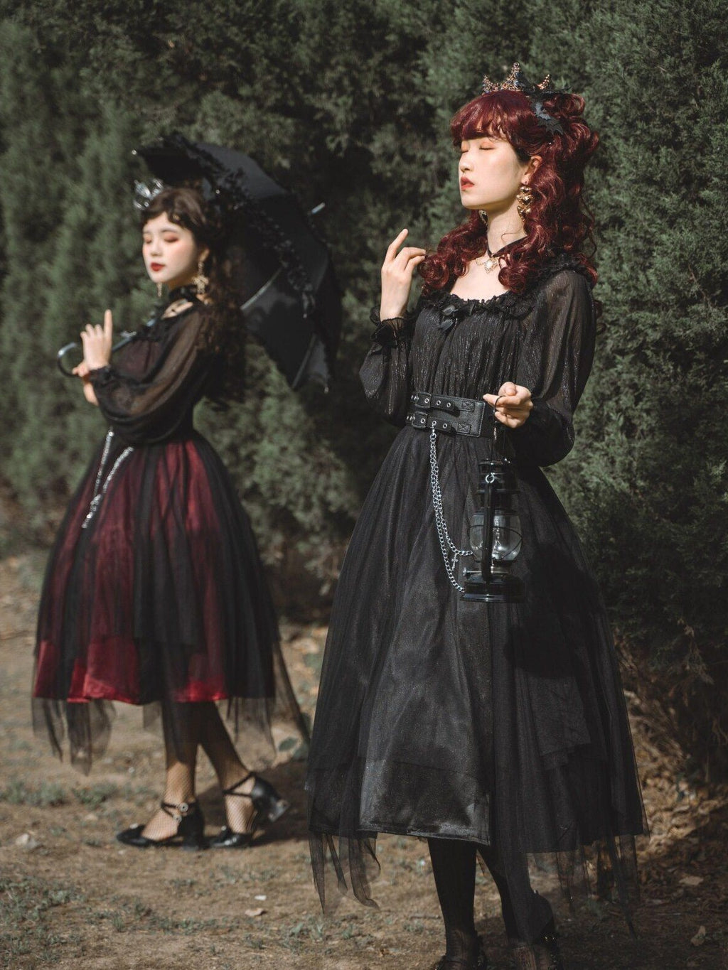 Jing Mu Black Vintage Square Neck Lolita A Line Gothic Women's Long Sleeve Op