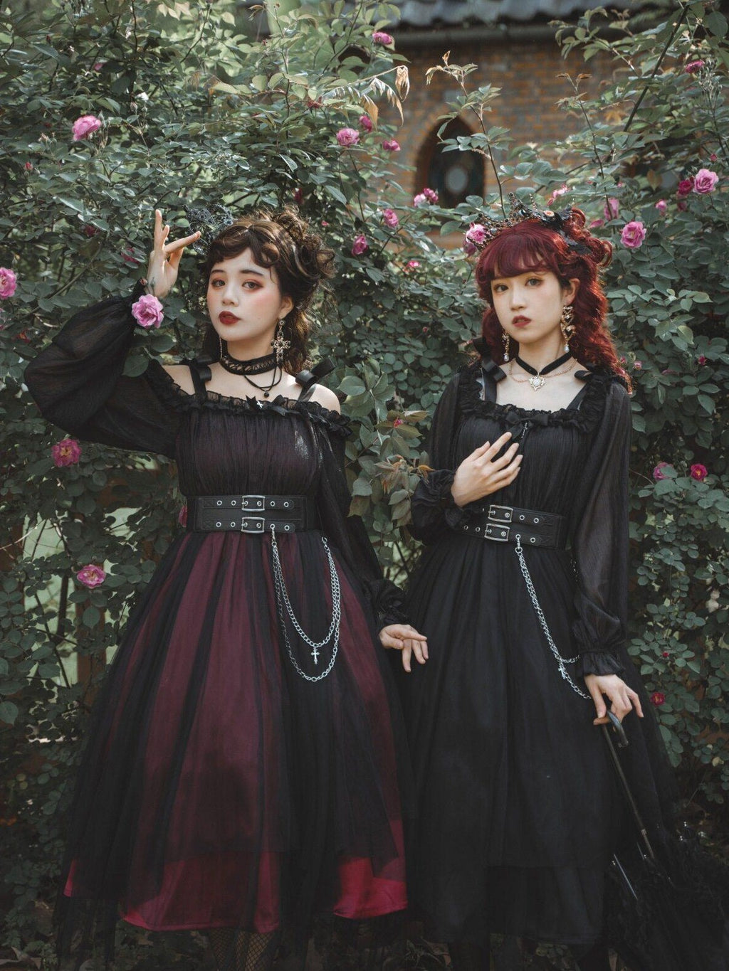Jing Mu Black Vintage Square Neck Lolita A Line Gothic Women's Long Sleeve Op