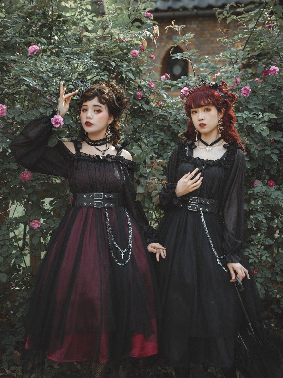 Jing Mu Black Vintage Square Neck Lolita A Line Gothic Women's Long Sleeve Op