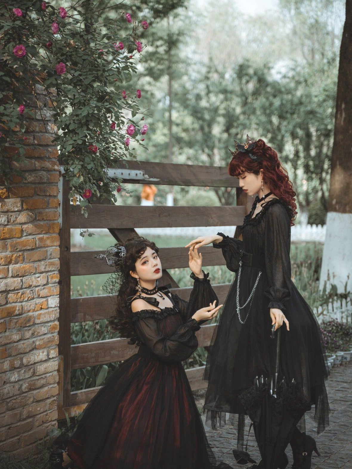 Jing Mu Black Vintage Square Neck Lolita A Line Gothic Women's Long Sleeve Op