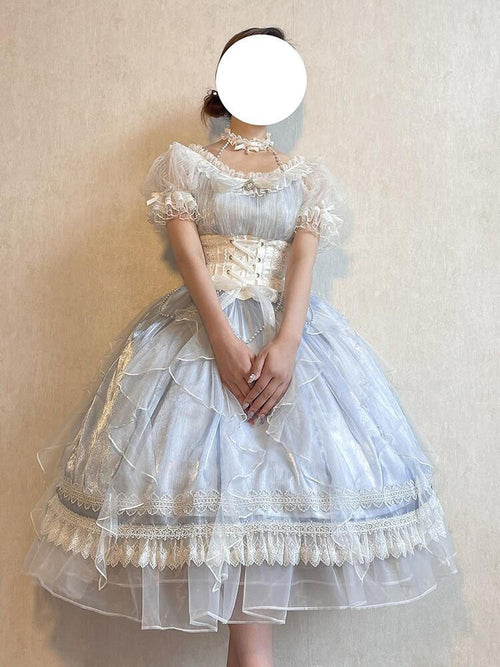 Jing Mu Blue Mermaid Tear Floral Lolita Princess Women's Short Sleeve Op