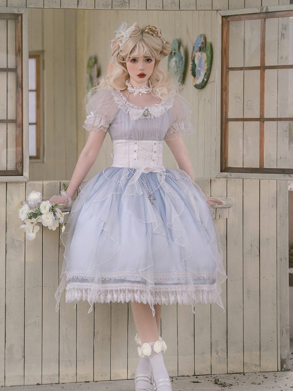 Jing Mu Blue Mermaid Tear Floral Lolita Princess Women's Short Sleeve Op