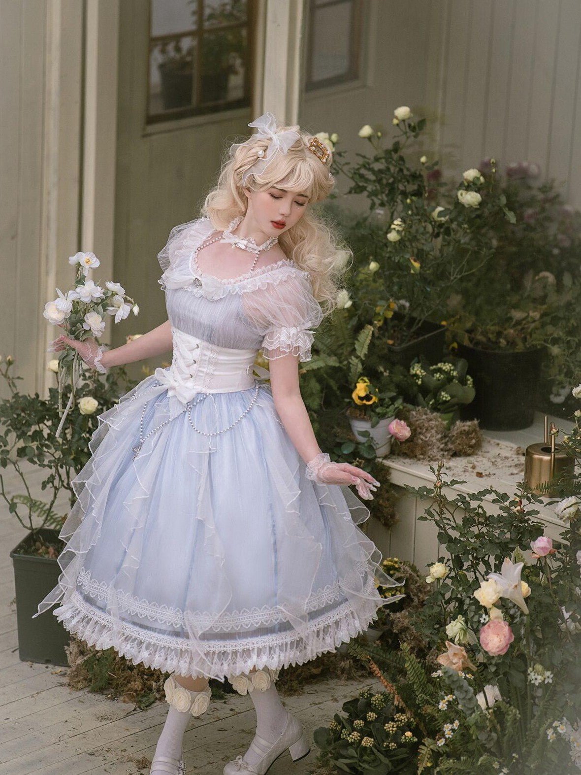 Jing Mu Blue Mermaid Tear Floral Lolita Princess Women's Short Sleeve Op