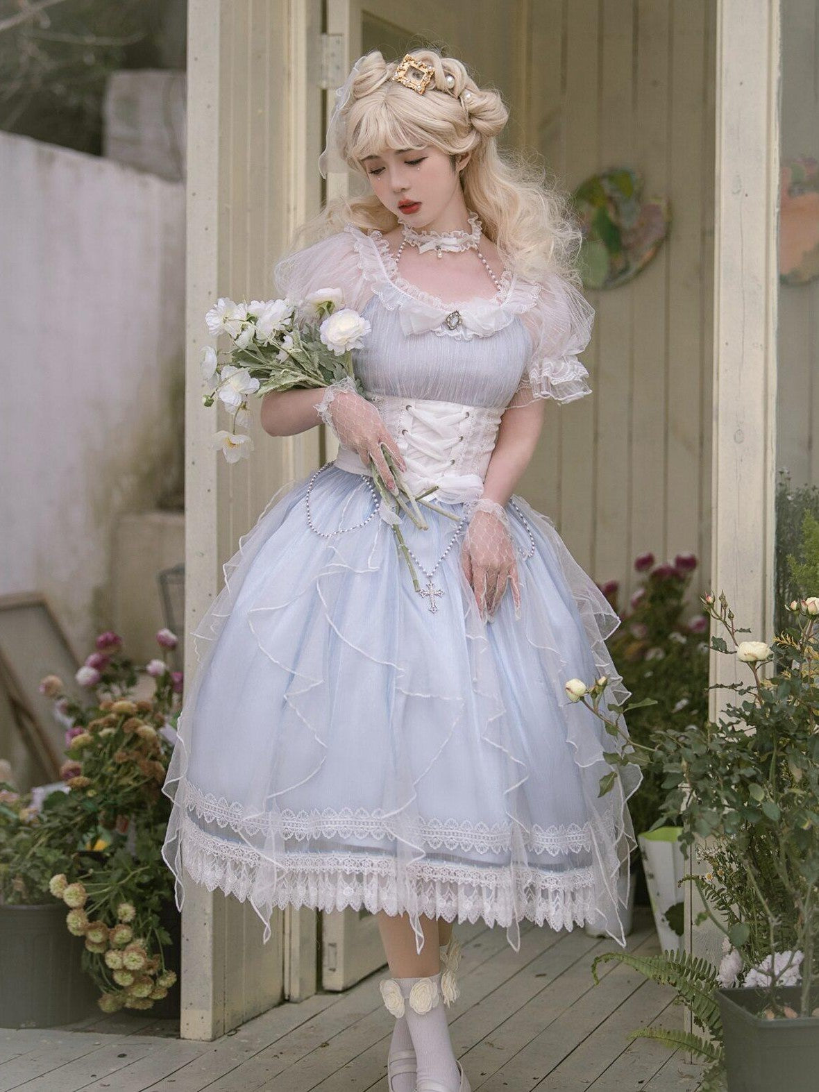 Jing Mu Blue Mermaid Tear Floral Lolita Princess Women's Short Sleeve Op
