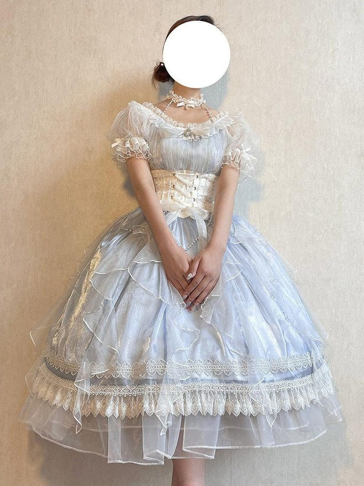 Jing Mu Blue Mermaid Tear Floral Lolita Princess Women's Short Sleeve Op