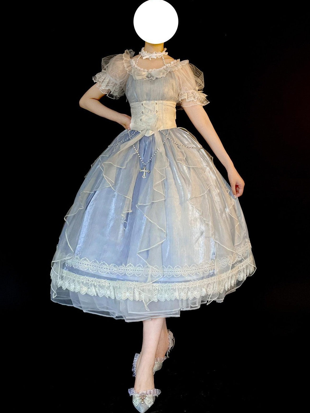 Jing Mu Blue Mermaid Tear Floral Lolita Princess Women's Short Sleeve Op
