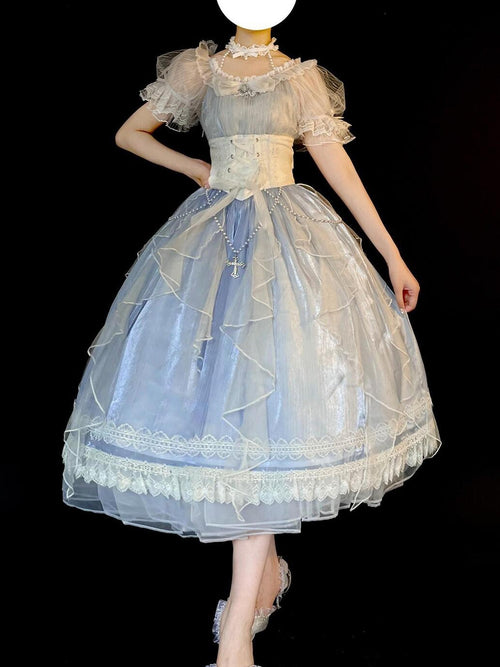 Jing Mu Blue Mermaid Tear Floral Lolita Princess Women's Short Sleeve Op