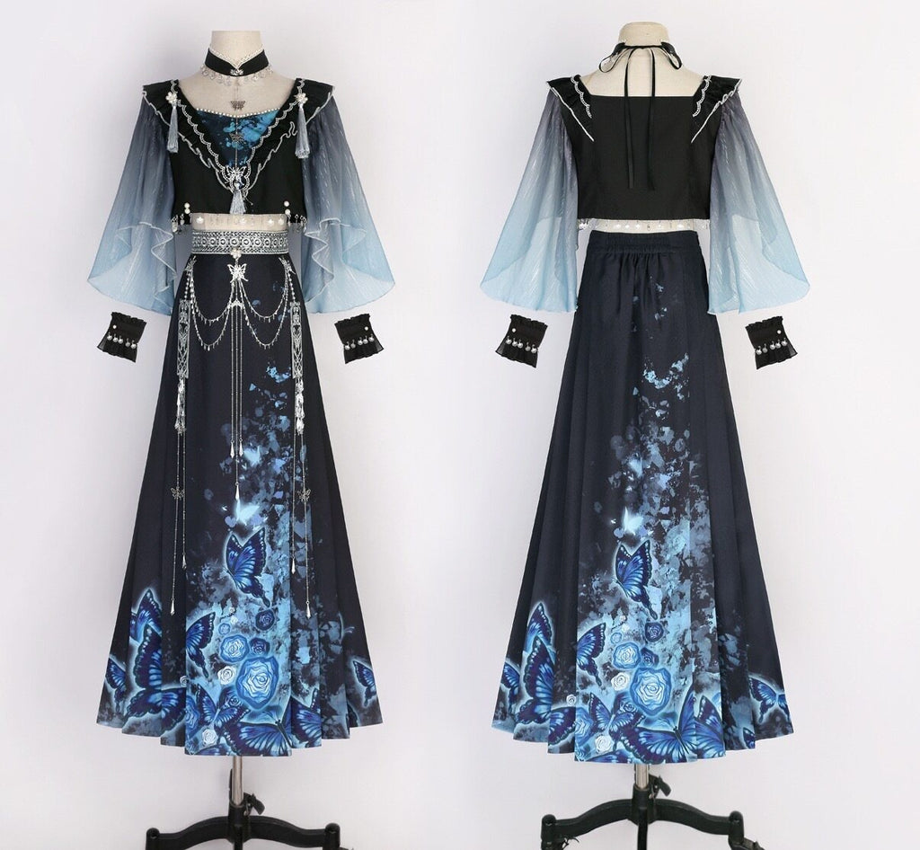Jing_Mu_Blue_Shadow_Butterfly_Print_A_Line_V-neck_Slim_Fit_Women's_Skirt_Sets_960007338397_MISSTT