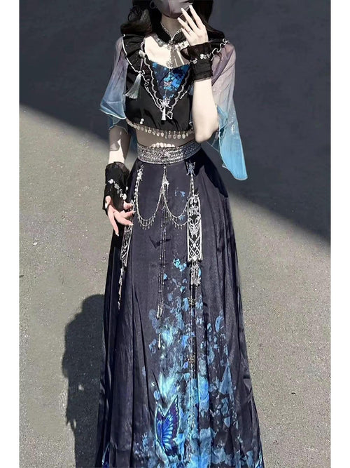 Jing Mu Blue Shadow Butterfly Print A Line V-neck Slim Fit Women's Skirt Sets