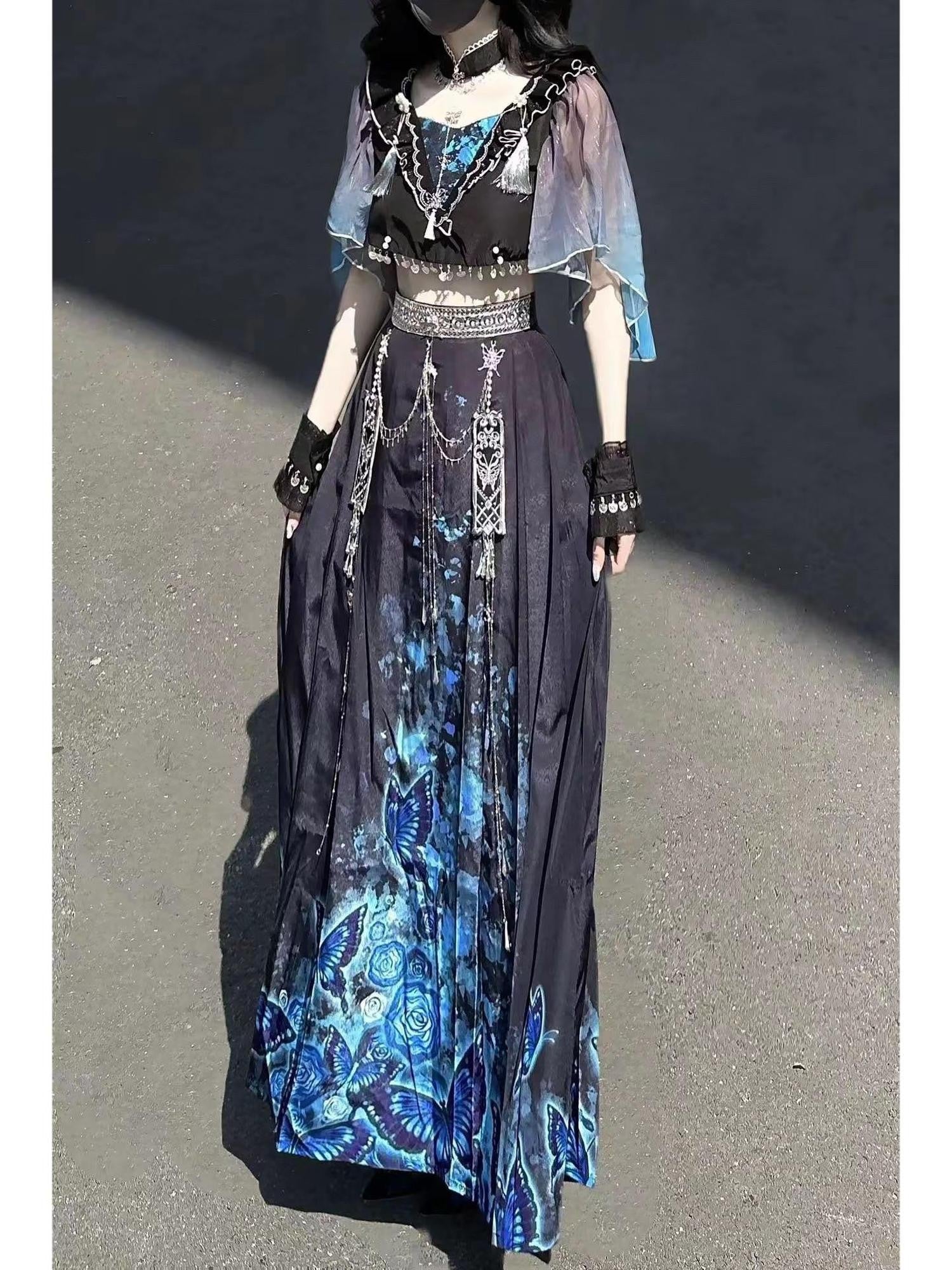 Jing Mu Blue Shadow Butterfly Print A Line V-neck Slim Fit Women's Skirt Sets