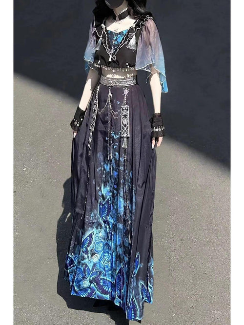 Jing Mu Blue Shadow Butterfly Print A Line V-neck Slim Fit Women's Skirt Sets