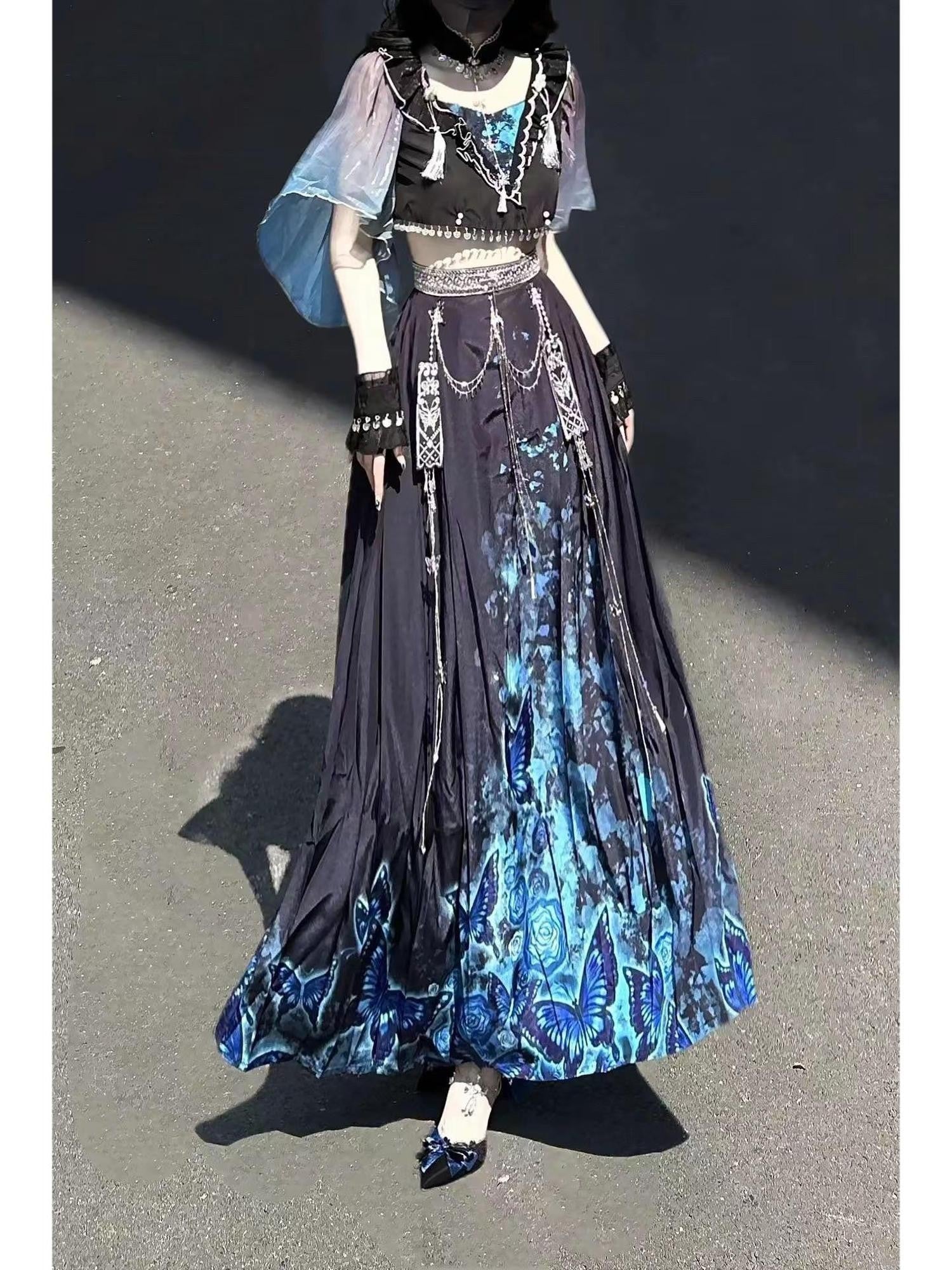 Jing Mu Blue Shadow Butterfly Print A Line V-neck Slim Fit Women's Skirt Sets